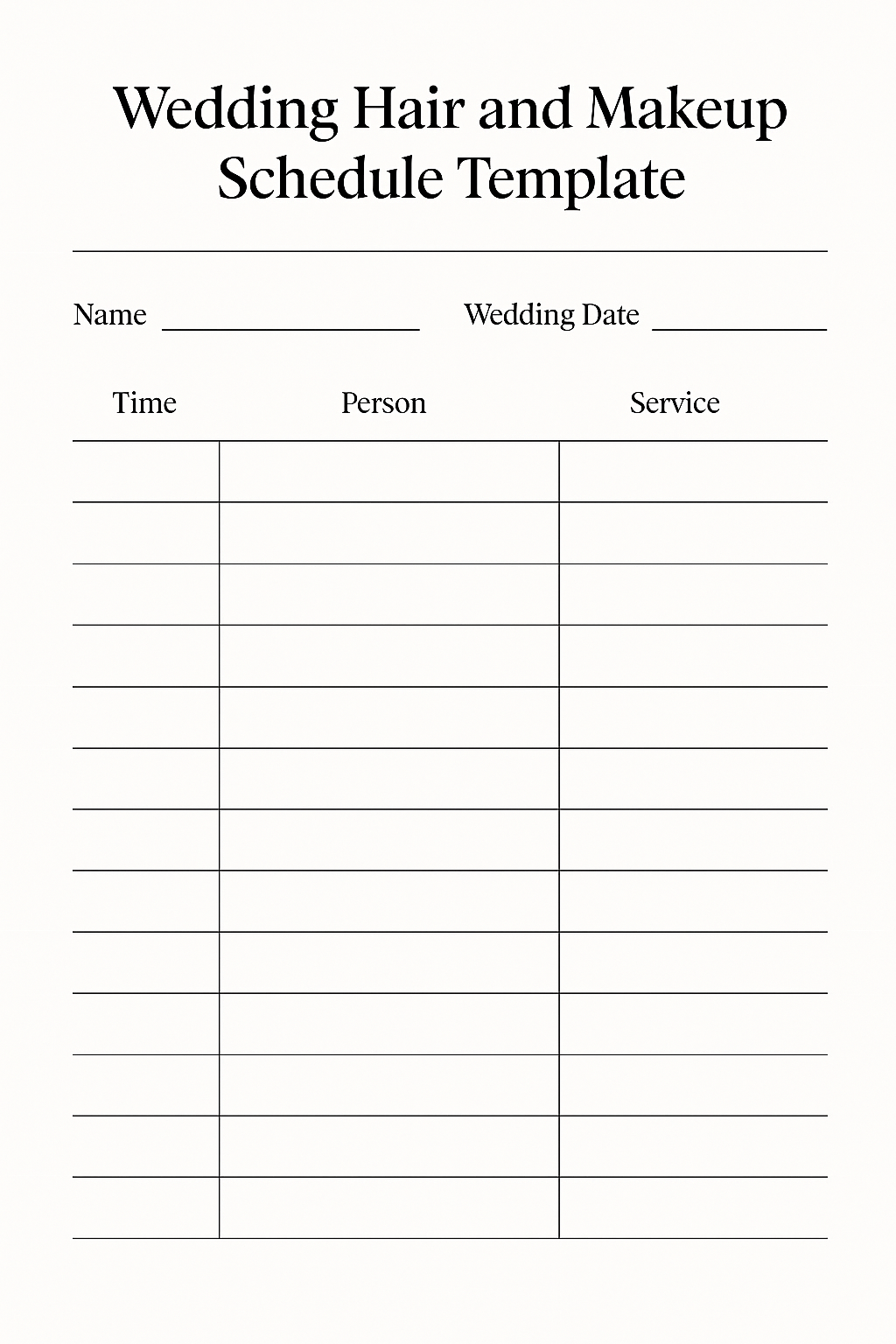 Wedding Hair and Makeup Timeline Example